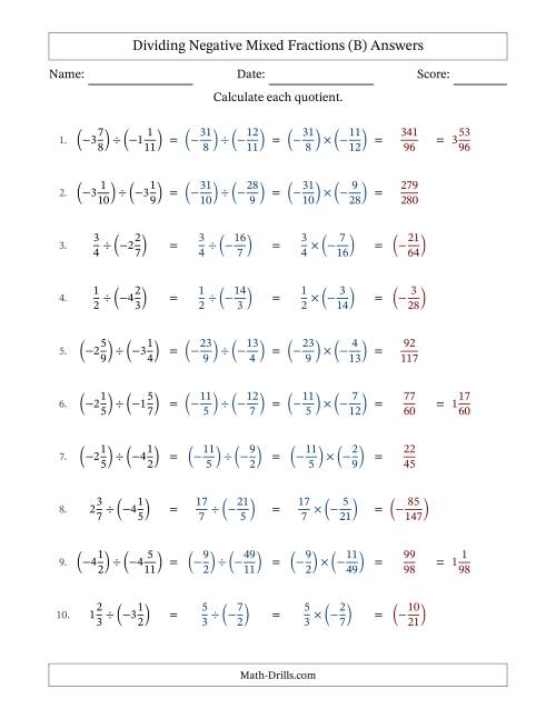 The Dividing Negative Mixed Fractions with Denominators Up to Twelfths, Mixed Fractions Results and No Simplifying (Fillable) (B) Math Worksheet Page 2