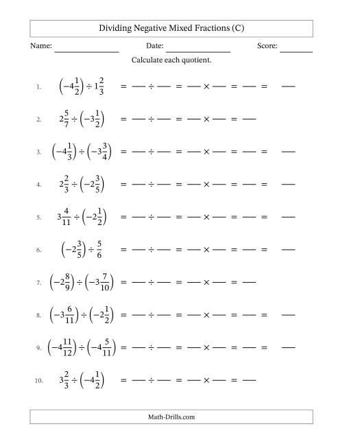 The Dividing Negative Mixed Fractions with Denominators Up to Twelfths, Mixed Fractions Results and No Simplifying (Fillable) (C) Math Worksheet