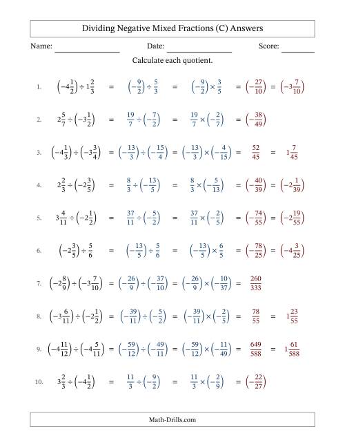 The Dividing Negative Mixed Fractions with Denominators Up to Twelfths, Mixed Fractions Results and No Simplifying (Fillable) (C) Math Worksheet Page 2