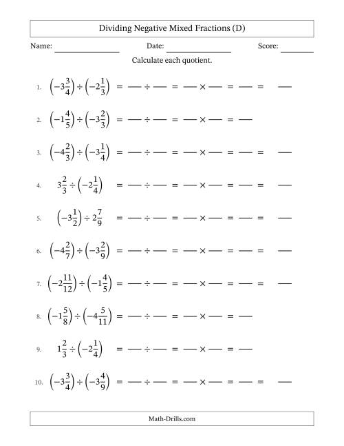 The Dividing Negative Mixed Fractions with Denominators to Twelfths (D) Math Worksheet
