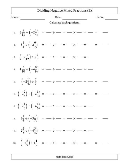 The Dividing Negative Mixed Fractions with Denominators Up to Twelfths, Mixed Fractions Results and No Simplifying (Fillable) (E) Math Worksheet