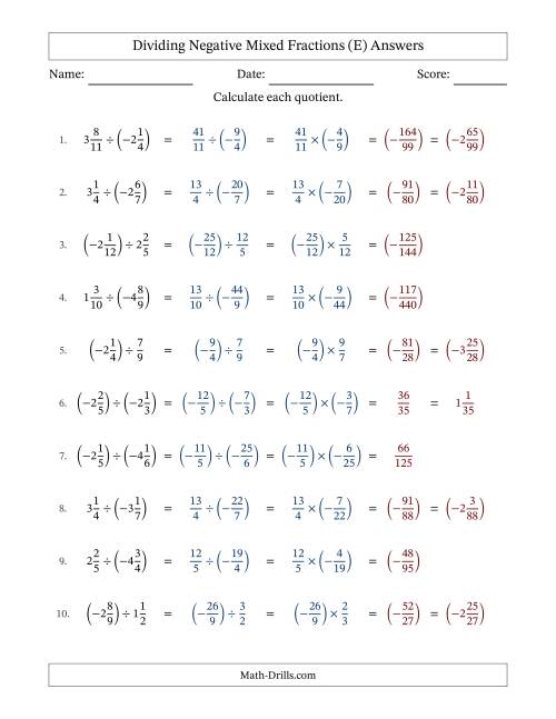 The Dividing Negative Mixed Fractions with Denominators Up to Twelfths, Mixed Fractions Results and No Simplifying (Fillable) (E) Math Worksheet Page 2
