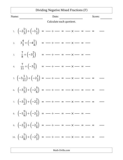 The Dividing Negative Mixed Fractions with Denominators Up to Twelfths, Mixed Fractions Results and No Simplifying (Fillable) (F) Math Worksheet