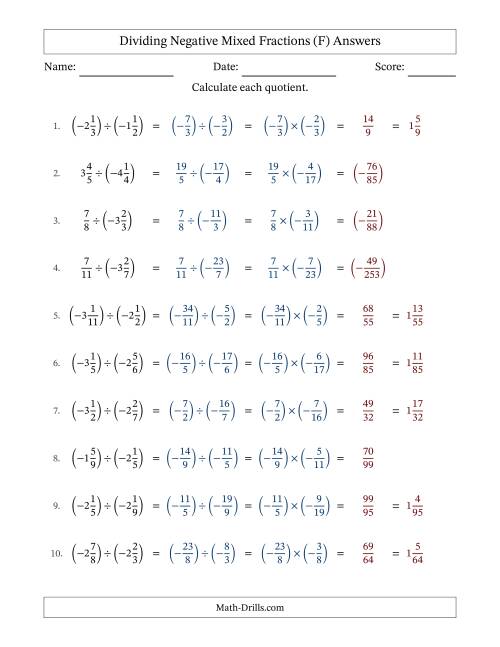 The Dividing Negative Mixed Fractions with Denominators Up to Twelfths, Mixed Fractions Results and No Simplifying (Fillable) (F) Math Worksheet Page 2