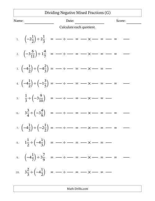 The Dividing Negative Mixed Fractions with Denominators Up to Twelfths, Mixed Fractions Results and No Simplifying (Fillable) (G) Math Worksheet