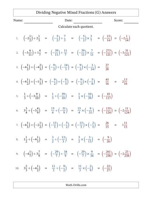 The Dividing Negative Mixed Fractions with Denominators Up to Twelfths, Mixed Fractions Results and No Simplifying (Fillable) (G) Math Worksheet Page 2