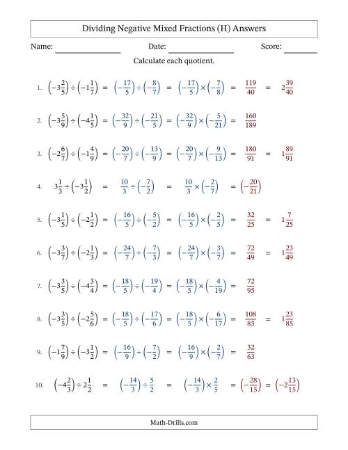The Dividing Negative Mixed Fractions with Denominators Up to Twelfths, Mixed Fractions Results and No Simplifying (Fillable) (H) Math Worksheet Page 2