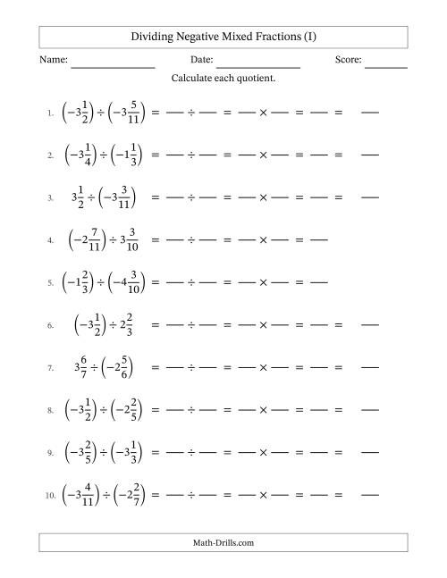 The Dividing Negative Mixed Fractions with Denominators Up to Twelfths, Mixed Fractions Results and No Simplifying (Fillable) (I) Math Worksheet