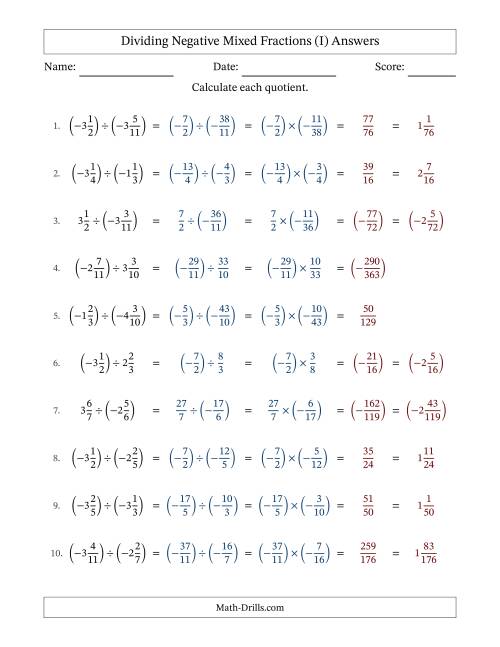 The Dividing Negative Mixed Fractions with Denominators Up to Twelfths, Mixed Fractions Results and No Simplifying (Fillable) (I) Math Worksheet Page 2