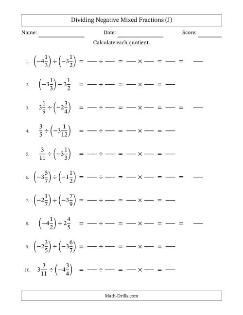 The Dividing Negative Mixed Fractions with Denominators Up to Twelfths, Mixed Fractions Results and No Simplifying (Fillable) (J) Math Worksheet