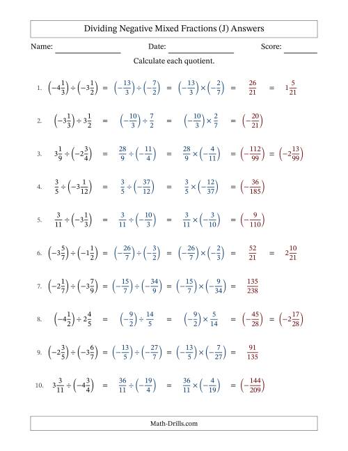 The Dividing Negative Mixed Fractions with Denominators Up to Twelfths, Mixed Fractions Results and No Simplifying (Fillable) (J) Math Worksheet Page 2