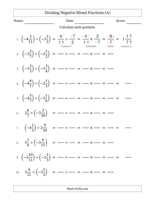The Dividing Negative Mixed Fractions with Denominators Up to Twelfths, Mixed Fractions Results and No Simplifying (Fillable) (All) Math Worksheet