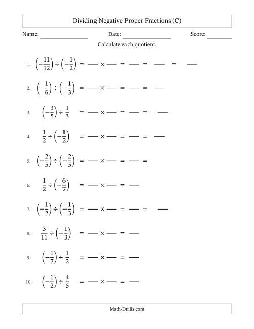 The Dividing Negative Fractions with Denominators to Twelfths (C) Math Worksheet