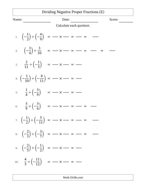 The Dividing Negative Proper Fractions with Denominators Up to Twelfths, Mixed Fractions Results and Some Simplifying (Fillable) (E) Math Worksheet