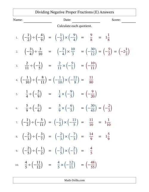 The Dividing Negative Proper Fractions with Denominators Up to Twelfths, Mixed Fractions Results and Some Simplifying (Fillable) (E) Math Worksheet Page 2