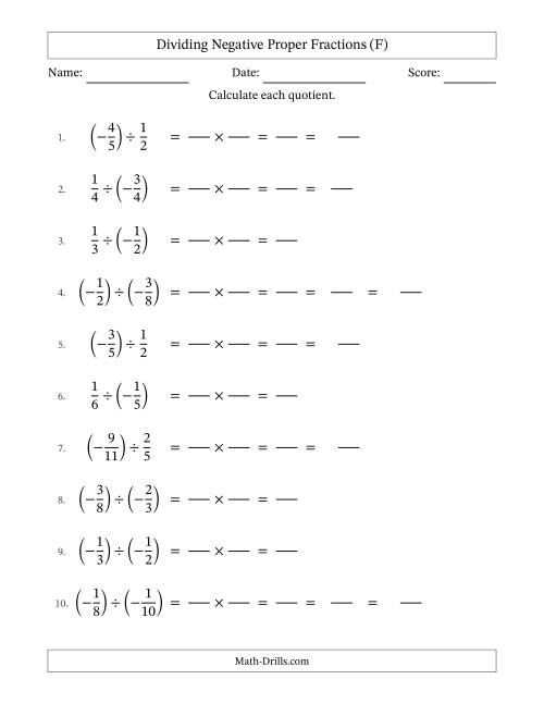 The Dividing Negative Proper Fractions with Denominators Up to Twelfths, Mixed Fractions Results and Some Simplifying (Fillable) (F) Math Worksheet