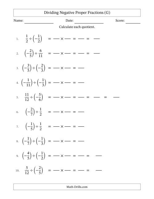 The Dividing Negative Proper Fractions with Denominators Up to Twelfths, Mixed Fractions Results and Some Simplifying (Fillable) (G) Math Worksheet