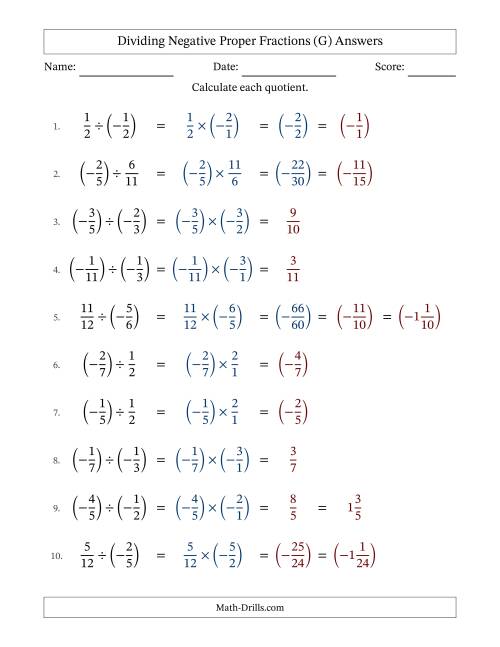 The Dividing Negative Proper Fractions with Denominators Up to Twelfths, Mixed Fractions Results and Some Simplifying (Fillable) (G) Math Worksheet Page 2