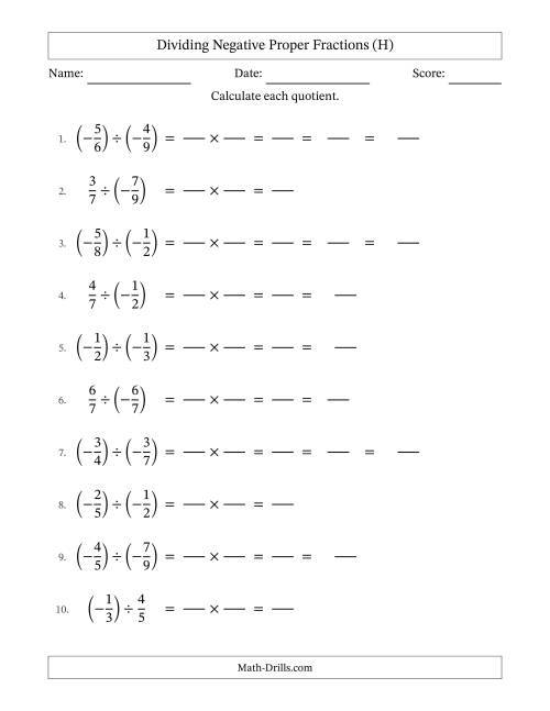 The Dividing Negative Proper Fractions with Denominators Up to Twelfths, Mixed Fractions Results and Some Simplifying (Fillable) (H) Math Worksheet