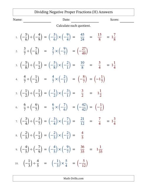 The Dividing Negative Proper Fractions with Denominators Up to Twelfths, Mixed Fractions Results and Some Simplifying (Fillable) (H) Math Worksheet Page 2