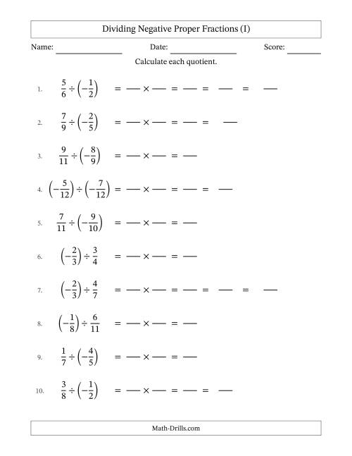 The Dividing Negative Proper Fractions with Denominators Up to Twelfths, Mixed Fractions Results and Some Simplifying (Fillable) (I) Math Worksheet