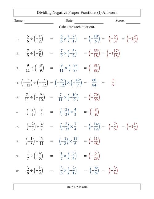 The Dividing Negative Proper Fractions with Denominators Up to Twelfths, Mixed Fractions Results and Some Simplifying (Fillable) (I) Math Worksheet Page 2
