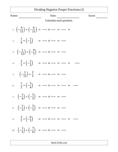 The Dividing Negative Proper Fractions with Denominators Up to Twelfths, Mixed Fractions Results and Some Simplifying (Fillable) (J) Math Worksheet