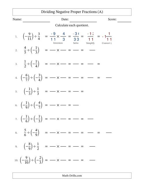 The Dividing Negative Proper Fractions with Denominators Up to Twelfths, Mixed Fractions Results and Some Simplifying (Fillable) (All) Math Worksheet