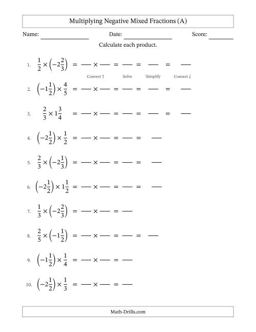 The Multiplying Negative Mixed Fractions with Denominators Up to Sixths, Mixed Fractions Results and Some Simplifying (Fillable) (A) Math Worksheet