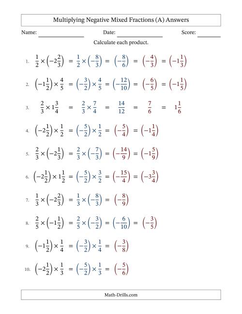 The Multiplying Negative Mixed Fractions with Denominators to Sixths (A) Math Worksheet Page 2