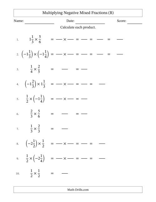 The Multiplying Negative Mixed Fractions with Denominators Up to Sixths, Mixed Fractions Results and Some Simplifying (Fillable) (B) Math Worksheet