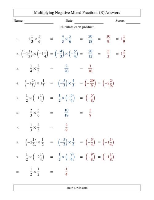 The Multiplying Negative Mixed Fractions with Denominators Up to Sixths, Mixed Fractions Results and Some Simplifying (Fillable) (B) Math Worksheet Page 2