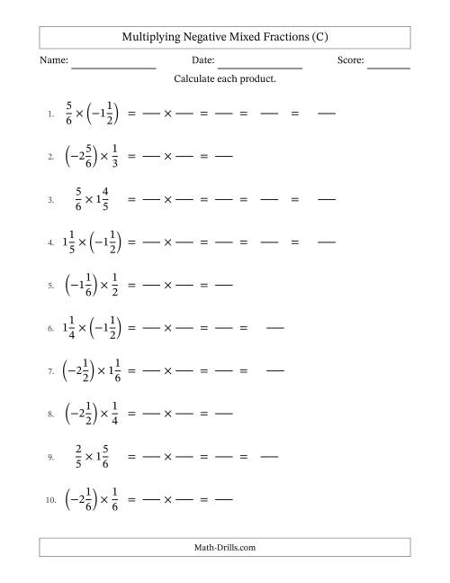 The Multiplying Negative Mixed Fractions with Denominators Up to Sixths, Mixed Fractions Results and Some Simplifying (Fillable) (C) Math Worksheet