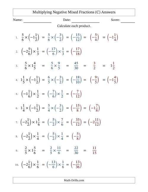 The Multiplying Negative Mixed Fractions with Denominators Up to Sixths, Mixed Fractions Results and Some Simplifying (Fillable) (C) Math Worksheet Page 2