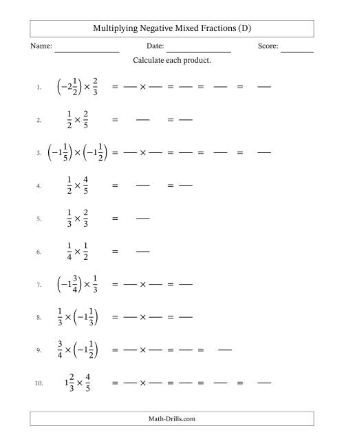 The Multiplying Negative Mixed Fractions with Denominators Up to Sixths, Mixed Fractions Results and Some Simplifying (Fillable) (D) Math Worksheet