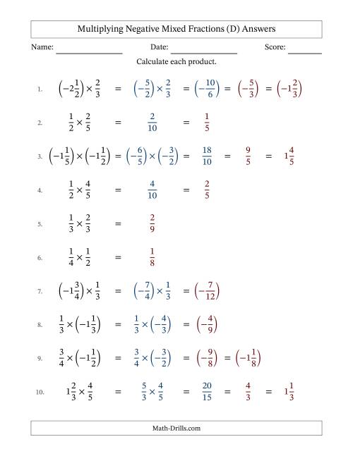 The Multiplying Negative Mixed Fractions with Denominators to Sixths (D) Math Worksheet Page 2