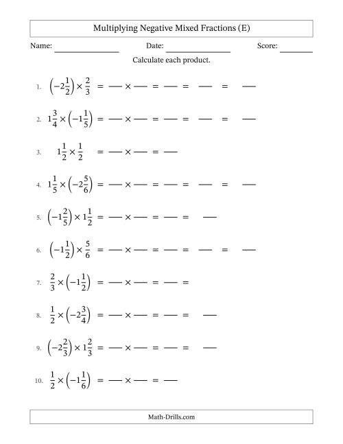 The Multiplying Negative Mixed Fractions with Denominators Up to Sixths, Mixed Fractions Results and Some Simplifying (Fillable) (E) Math Worksheet