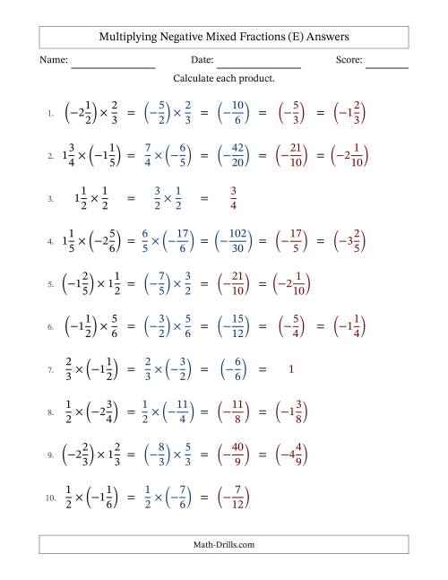 The Multiplying Negative Mixed Fractions with Denominators Up to Sixths, Mixed Fractions Results and Some Simplifying (Fillable) (E) Math Worksheet Page 2