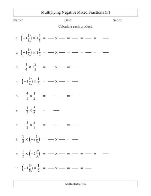 The Multiplying Negative Mixed Fractions with Denominators Up to Sixths, Mixed Fractions Results and Some Simplifying (Fillable) (F) Math Worksheet