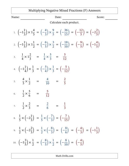 The Multiplying Negative Mixed Fractions with Denominators to Sixths (F) Math Worksheet Page 2