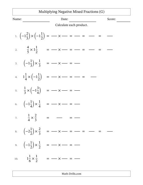 The Multiplying Negative Mixed Fractions with Denominators to Sixths (G) Math Worksheet