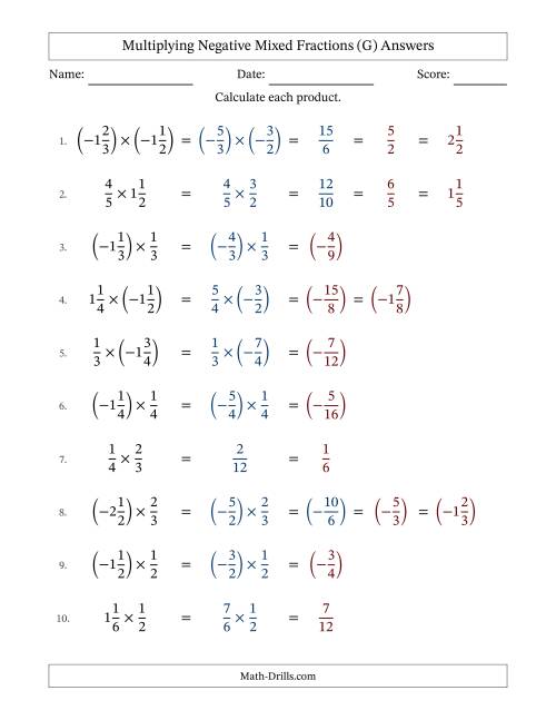 The Multiplying Negative Mixed Fractions with Denominators to Sixths (G) Math Worksheet Page 2