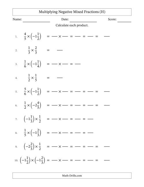 The Multiplying Negative Mixed Fractions with Denominators Up to Sixths, Mixed Fractions Results and Some Simplifying (Fillable) (H) Math Worksheet