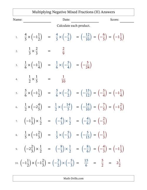 The Multiplying Negative Mixed Fractions with Denominators Up to Sixths, Mixed Fractions Results and Some Simplifying (Fillable) (H) Math Worksheet Page 2