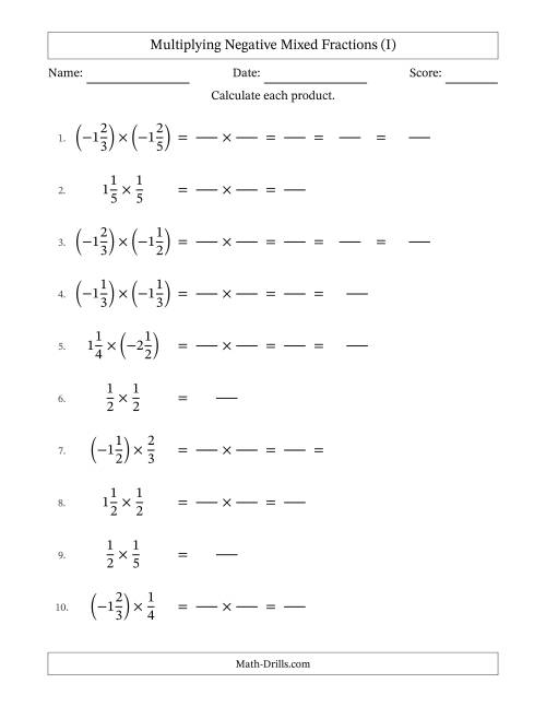 The Multiplying Negative Mixed Fractions with Denominators to Sixths (I) Math Worksheet