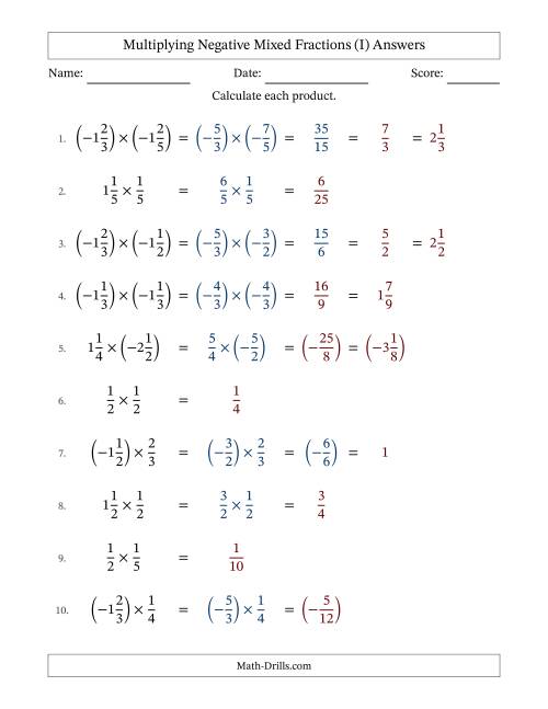 The Multiplying Negative Mixed Fractions with Denominators Up to Sixths, Mixed Fractions Results and Some Simplifying (Fillable) (I) Math Worksheet Page 2