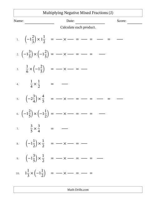 The Multiplying Negative Mixed Fractions with Denominators to Sixths (J) Math Worksheet