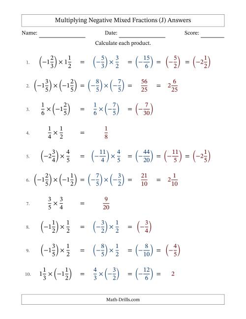The Multiplying Negative Mixed Fractions with Denominators to Sixths (J) Math Worksheet Page 2
