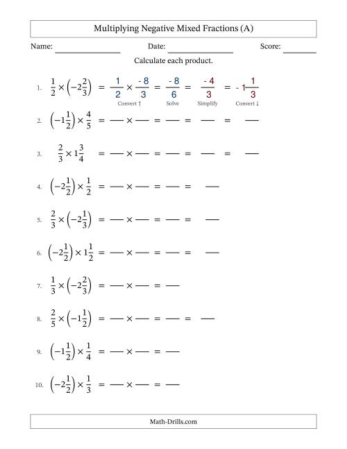 The Multiplying Negative Mixed Fractions with Denominators to Sixths (All) Math Worksheet