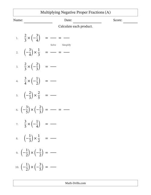 The Multiplying Negative Proper Fractions with Denominators Up to Sixths, Proper Fractions Results and Some Simplifying (Fillable) (A) Math Worksheet